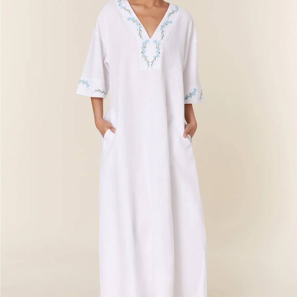 NWT Fanm Mon x Andie Linen Kepez Kaftan Dress White Breezy Resort Wear - Picture 11 of 14